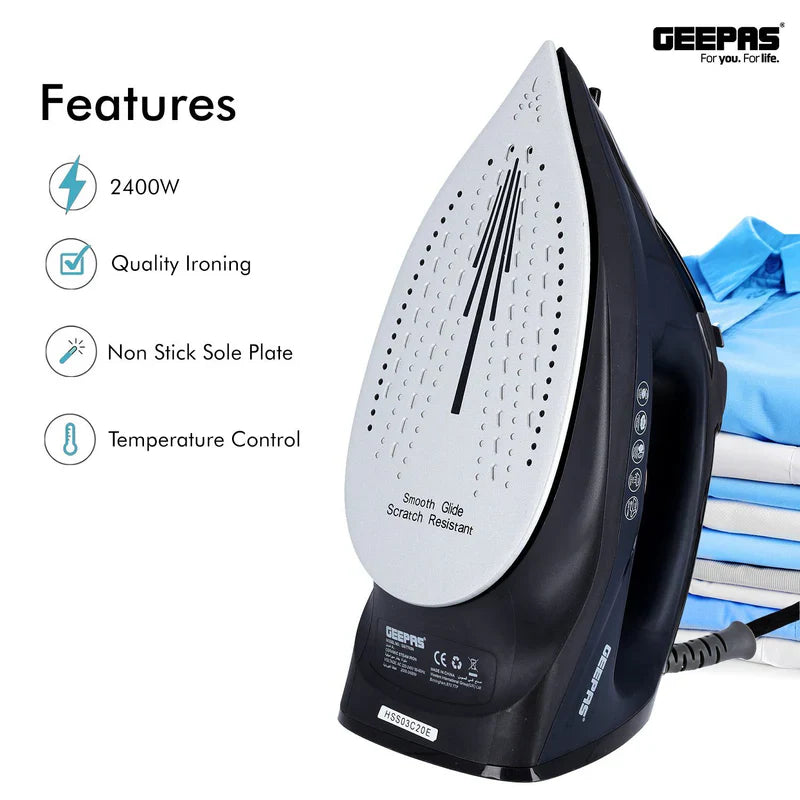 Geepas GSI7703 Ceramic Steam Iron – 2400W, 220ml Tank, 20g/min Steam, Self-Cleaning, 2-Year Warranty