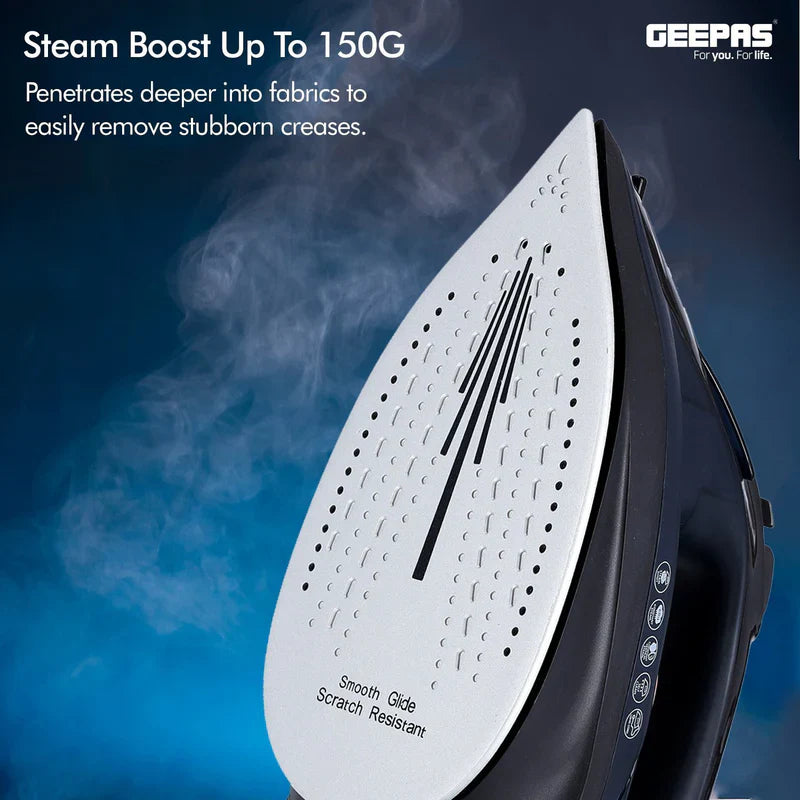 Geepas GSI7703 Ceramic Steam Iron – 2400W, 220ml Tank, 20g/min Steam, Self-Cleaning, 2-Year Warranty