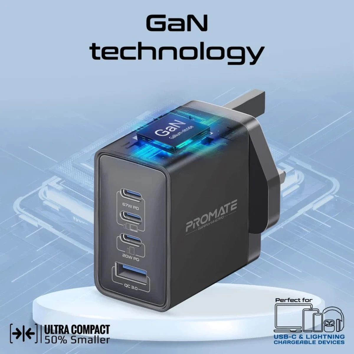 Promate GaNport4-67W Power Delivery GaN Charger with Quick Charge 3.0