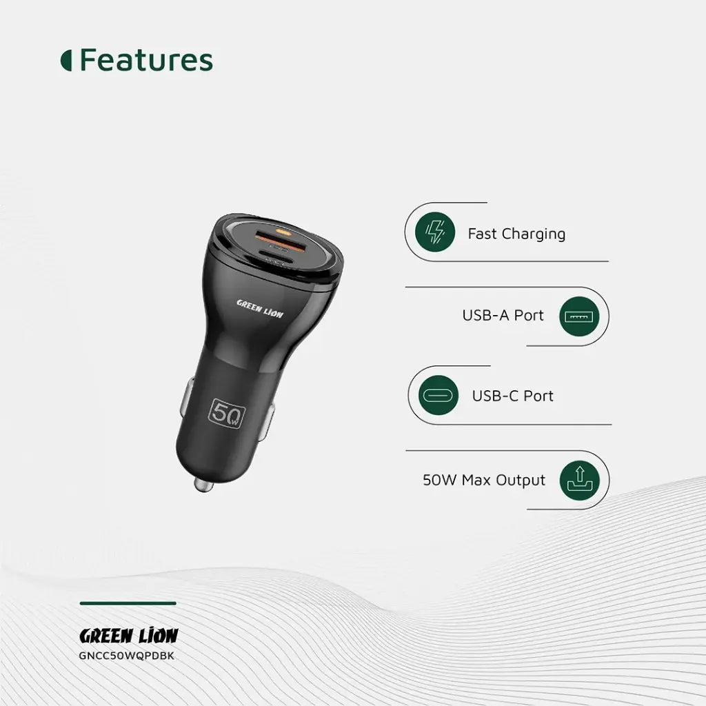 Green Lion 50W Car Charger + C to Lightning Cable | Dual Port