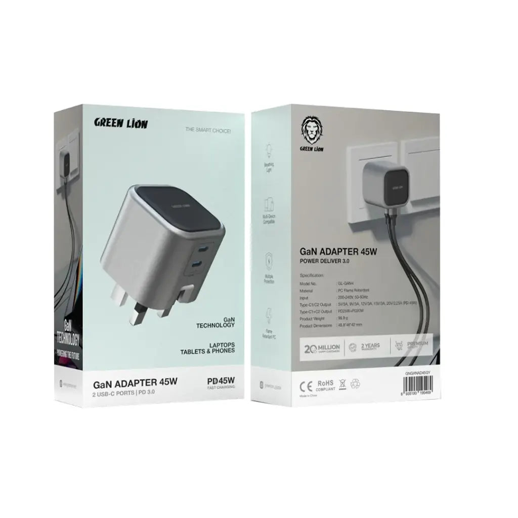 Green Lion GaN 45W Charger – Dual USB-C Fast Charging