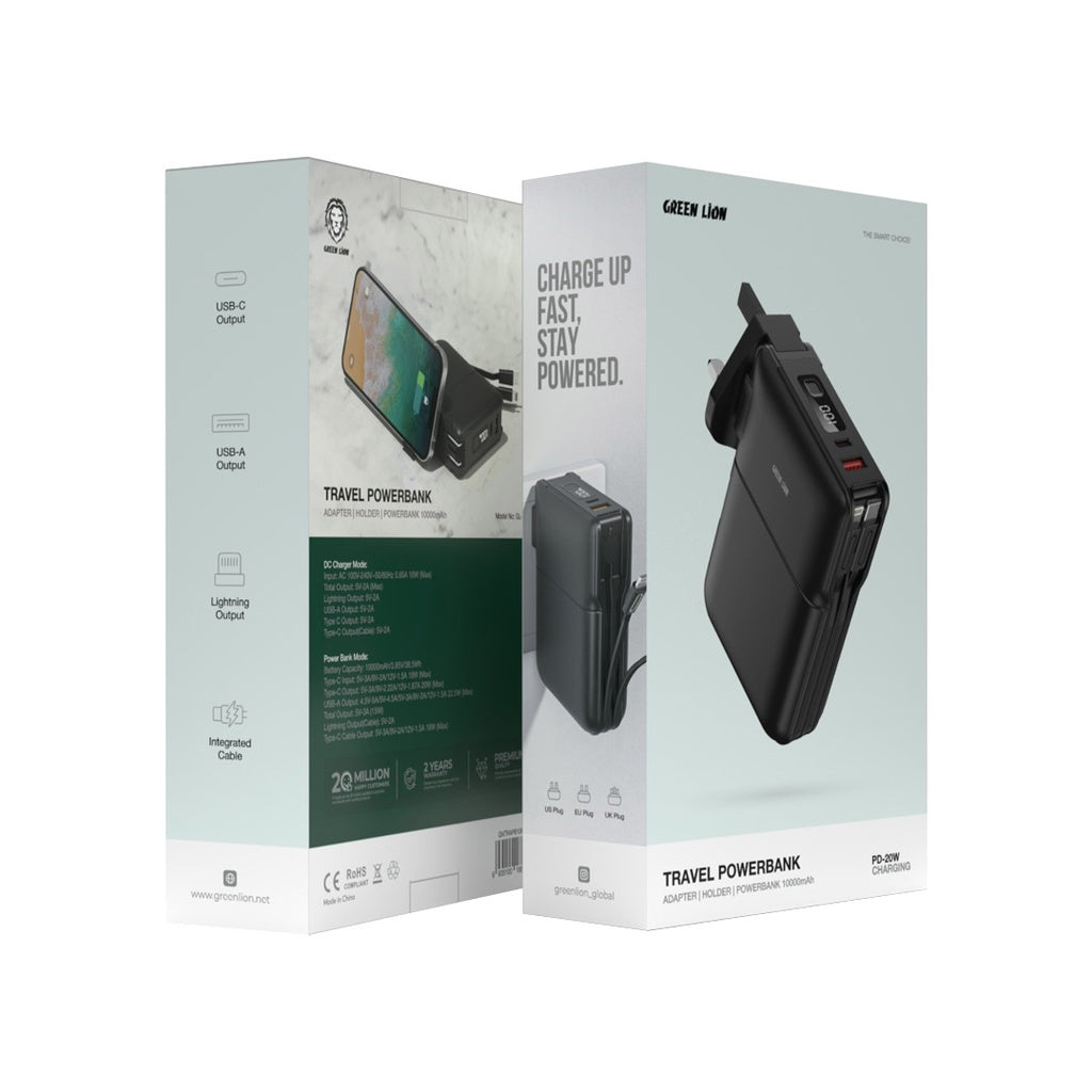 Green Lion Travel Power Bank 10000mAh – Adapter & Phone Holder