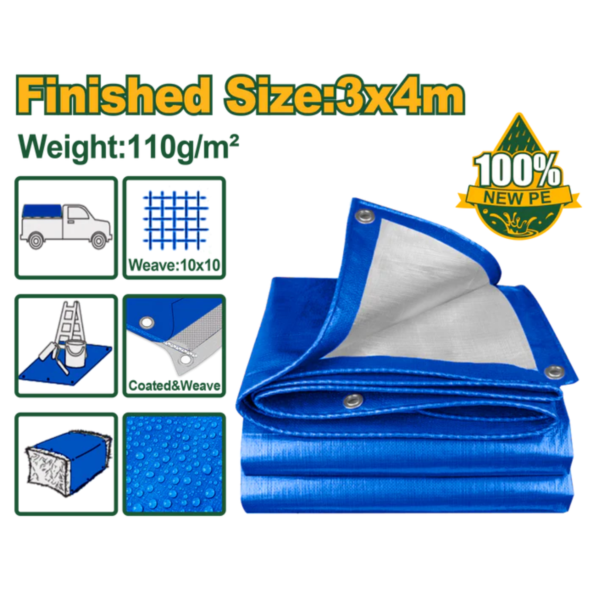 JADEVER Blue Tarp with Eyelets 4x3m Durable & Lightweight