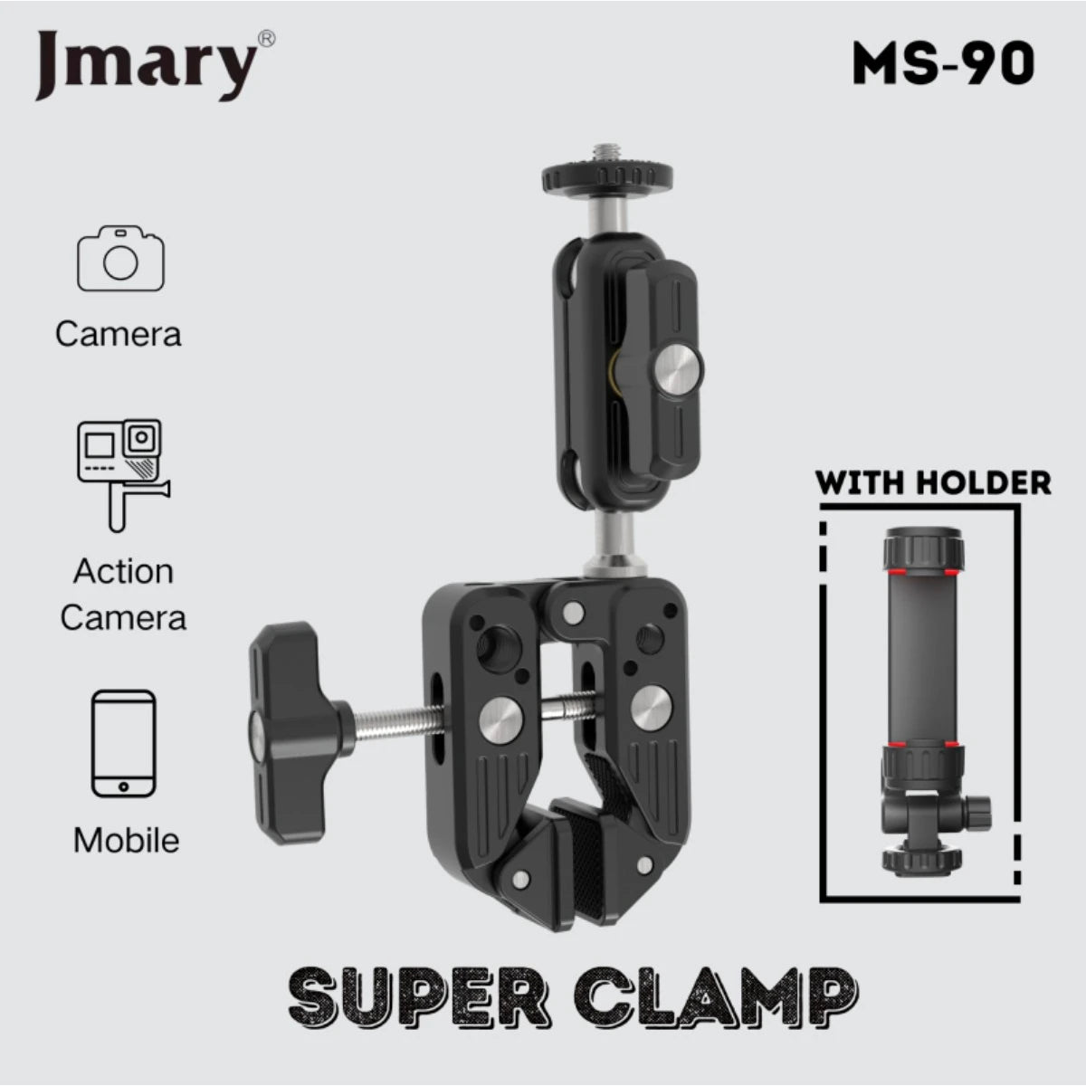 JMARY MS-90 Aluminum Clamp for Camera & Phone – Black