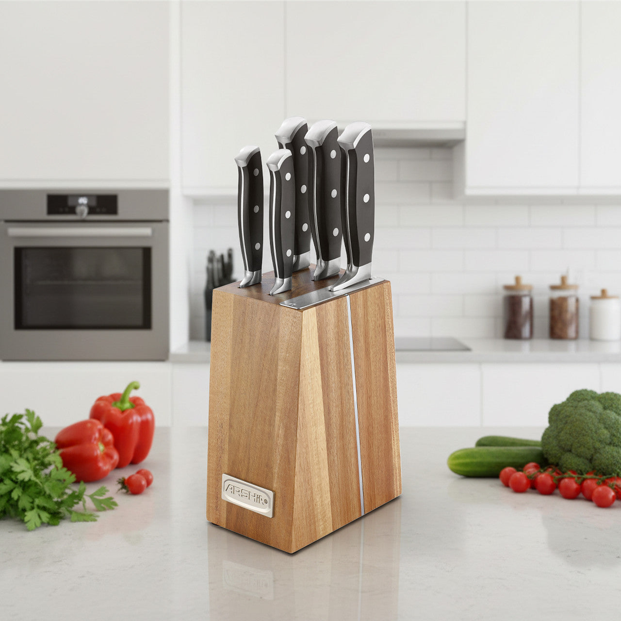 Arshia 6-Piece Stainless Steel Knife Set with Classic Wooden Block
