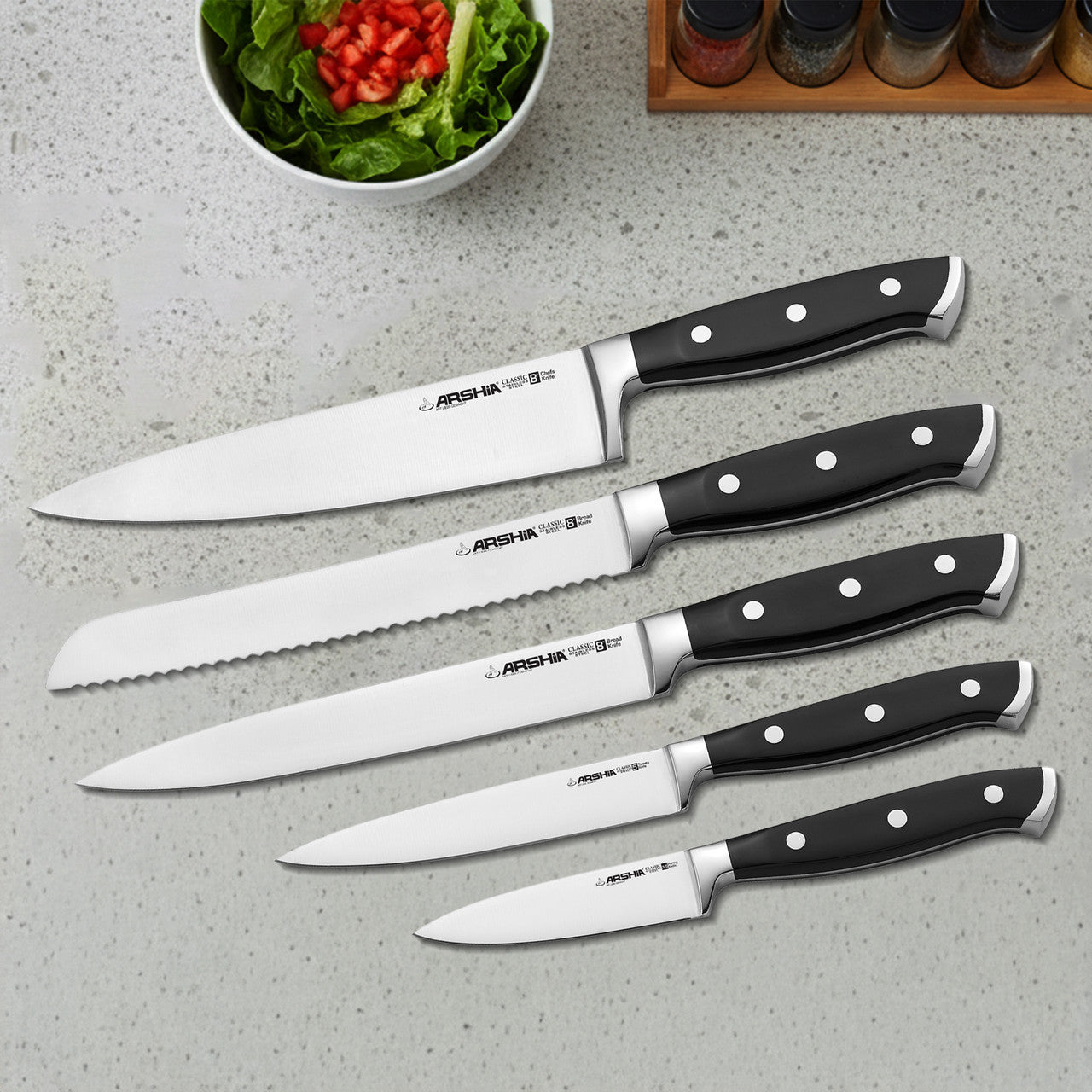 Arshia 6-Piece Stainless Steel Knife Set with Classic Wooden Block