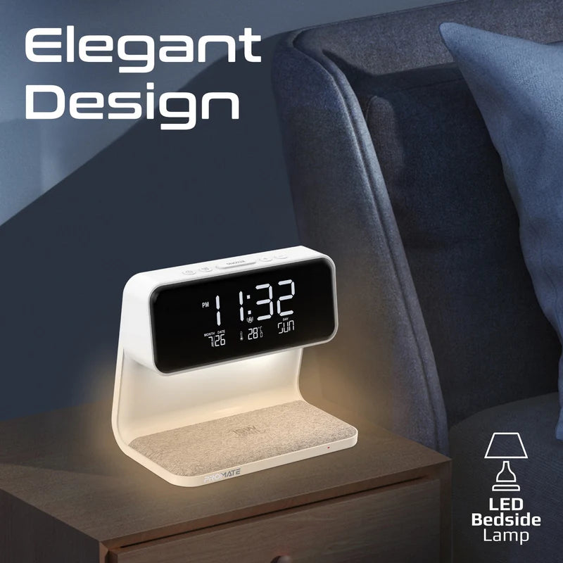 Promate Lumix-15W Multi-Function LED Alarm Clock with 15W Wireless Charger