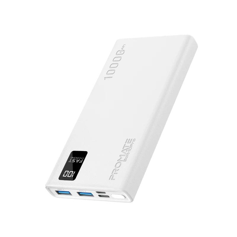 PROMATE Bolt 10Pro 10000mAh Smart Power Bank with USB C & Dual USB -  White
