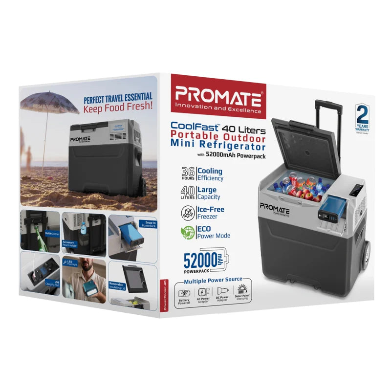 Promate PowerCooler-40 CoolFast™ 40 Liters Portable Outdoor Mini Refrigerator with 52000mAh Powerpack