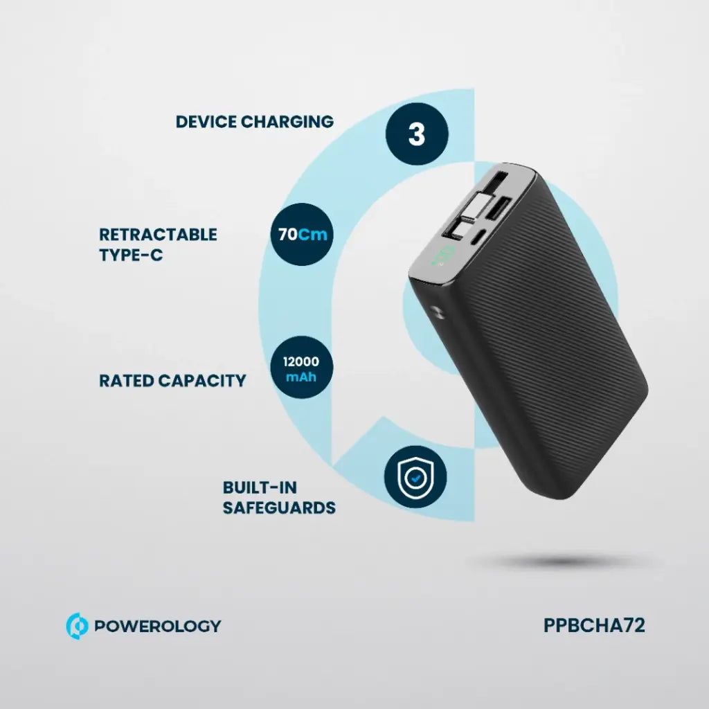 Powerology 20000mAh Retractable Cable Power Bank 35W