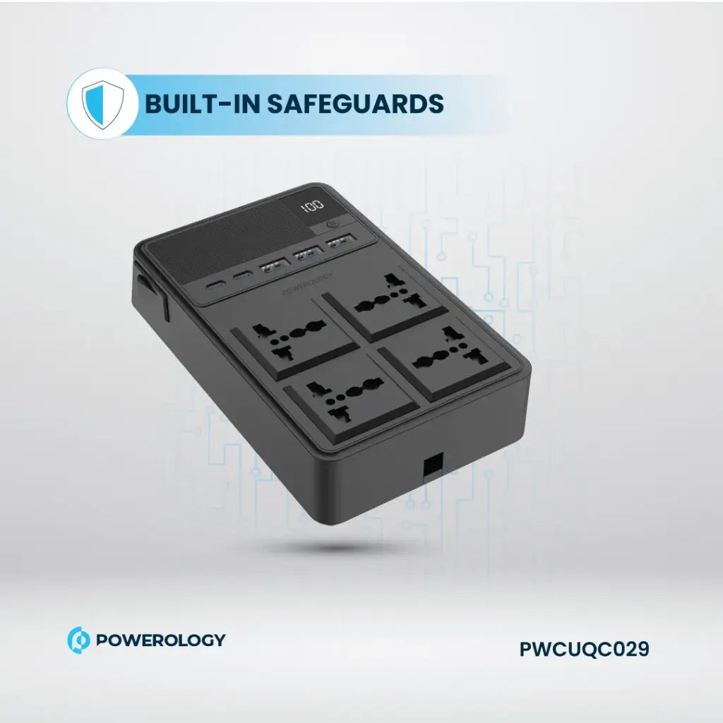 Powerology 2500W Power Strip with 4 AC Ports & Retractable Cables