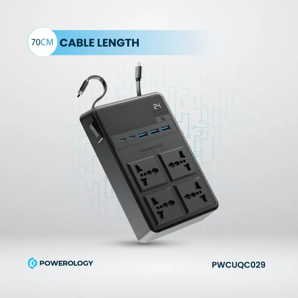 Powerology 2500W Power Strip with 4 AC Ports & Retractable Cables