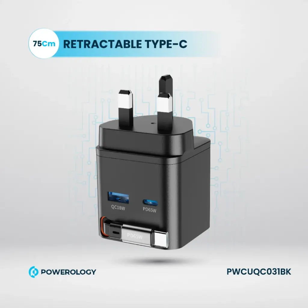 Powerology Retractable Dual-Port GaN Charger – Compact & Fast