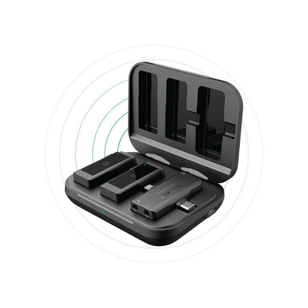 Powerology MFI Dual Connector Wireless Lavalier Microphone x2 Mic 2000mAh – Black