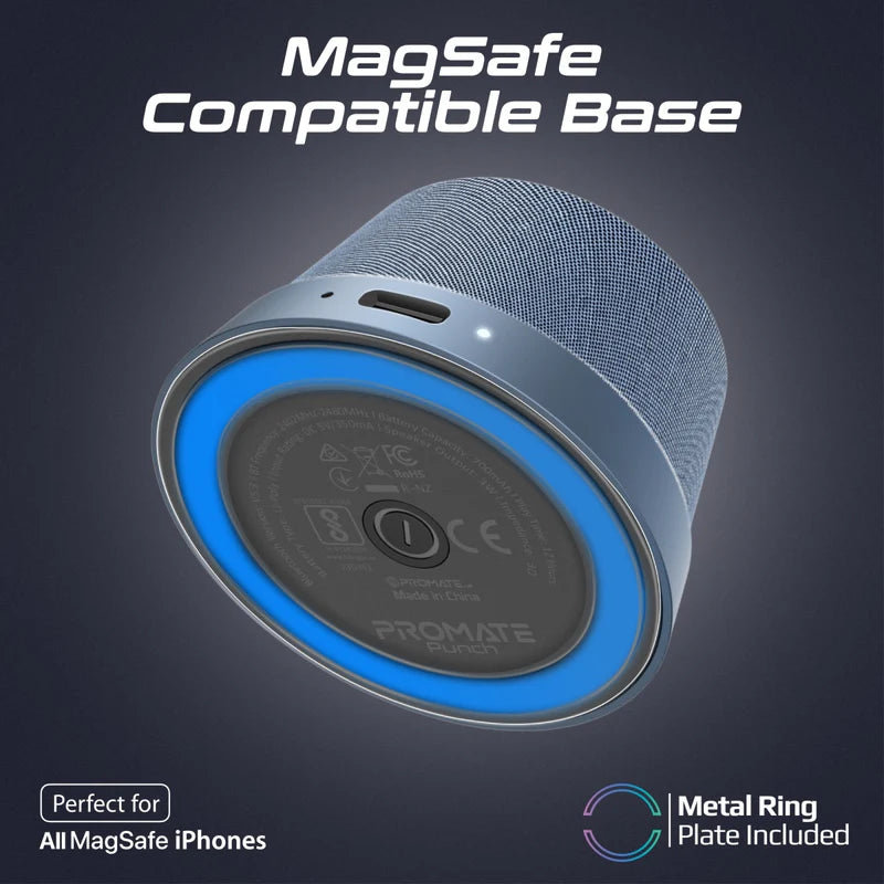 Promate Punch High-Fidelity Mini Bluetooth Speaker with MagSafe Compatible Base
