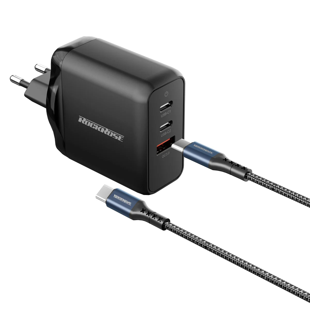 RockRose 65W PD & QC 3.0 3 Port 1M USB C to USB C Cable - Black