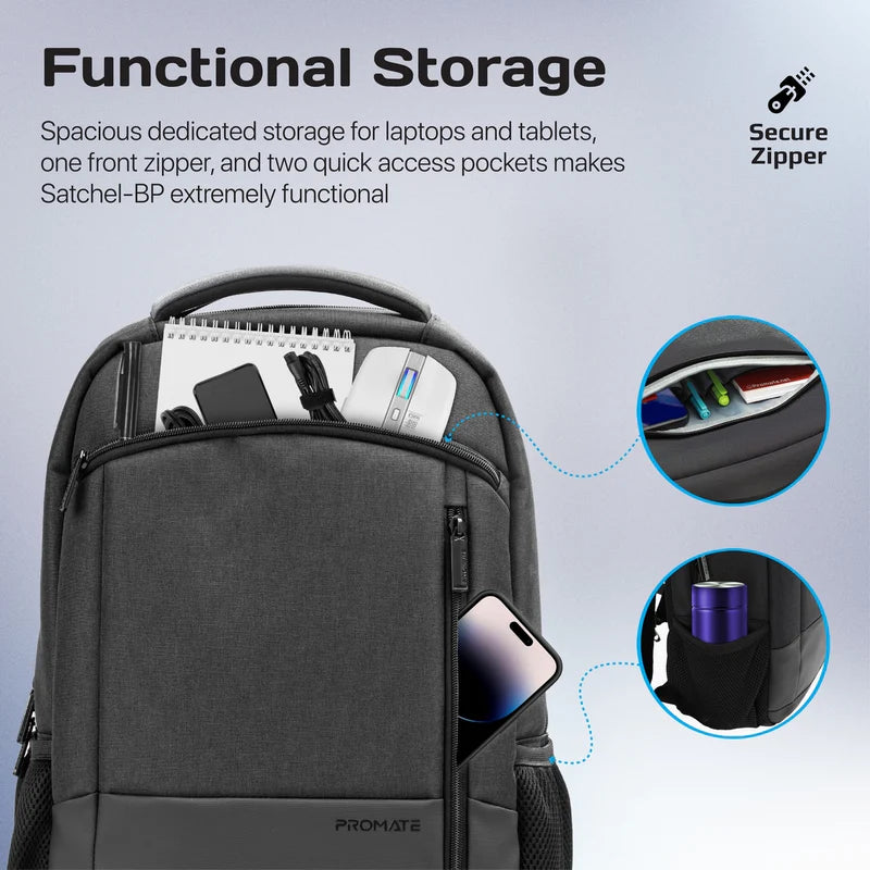 Promate Satchel-BP 15.6-Inch Laptop Backpack, Shoulder Backpack with Multiple Pockets - Black