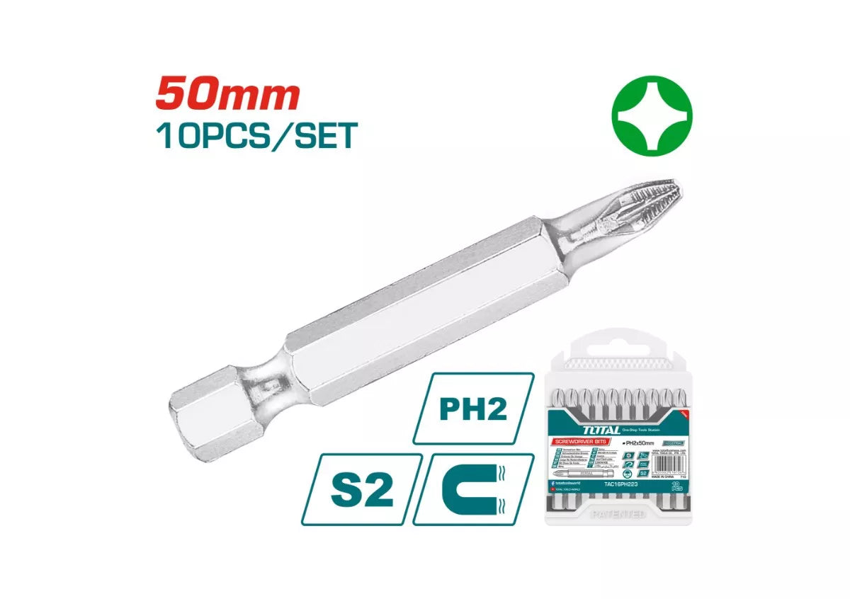 TOTAL PH2 Screwdriver Bits 50mm – 10pcs Magnetic S2