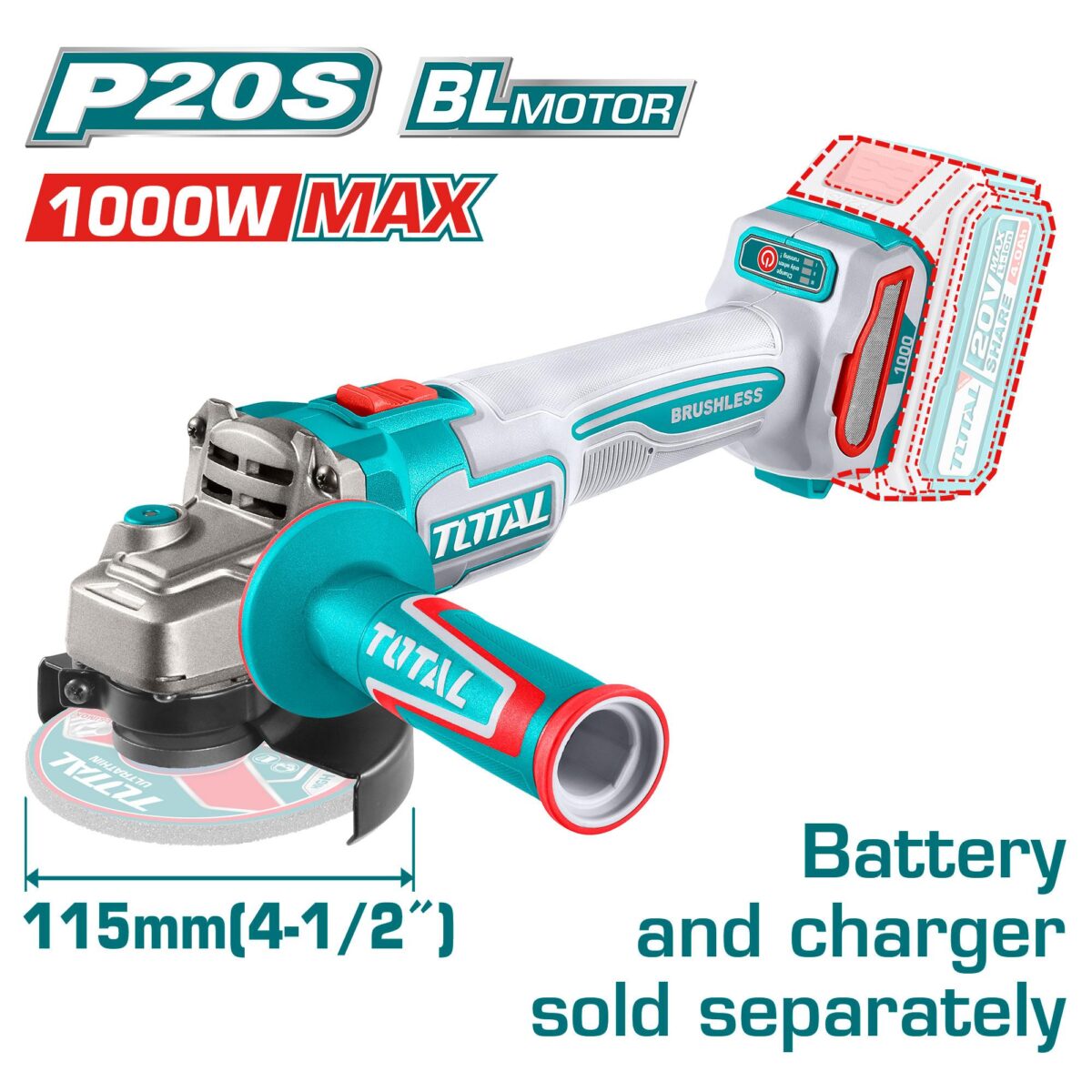 Total TAGLI27153 20V Angle Grinder – Tool Only