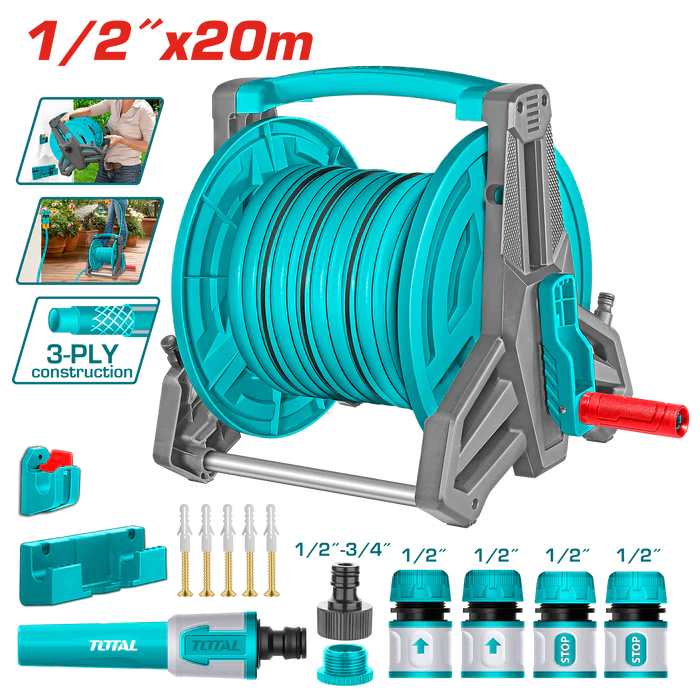 TOTAL 20M Garden Hose Reel Set 1/2" – Nozzle & Wall Bracket | THHR20124