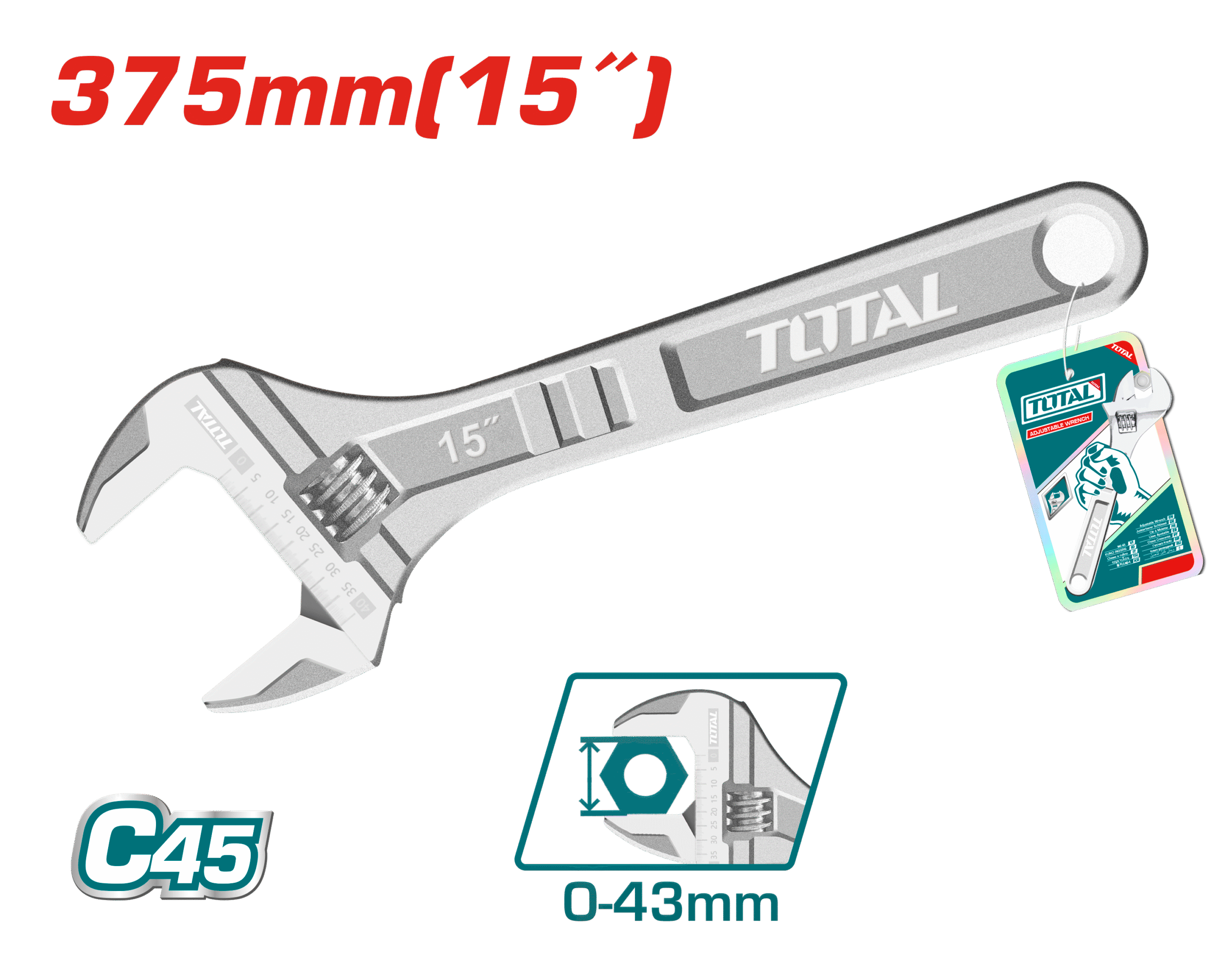 TOTAL Adjustable Wrench 15″ | 0–43mm Jaw | THT1010153