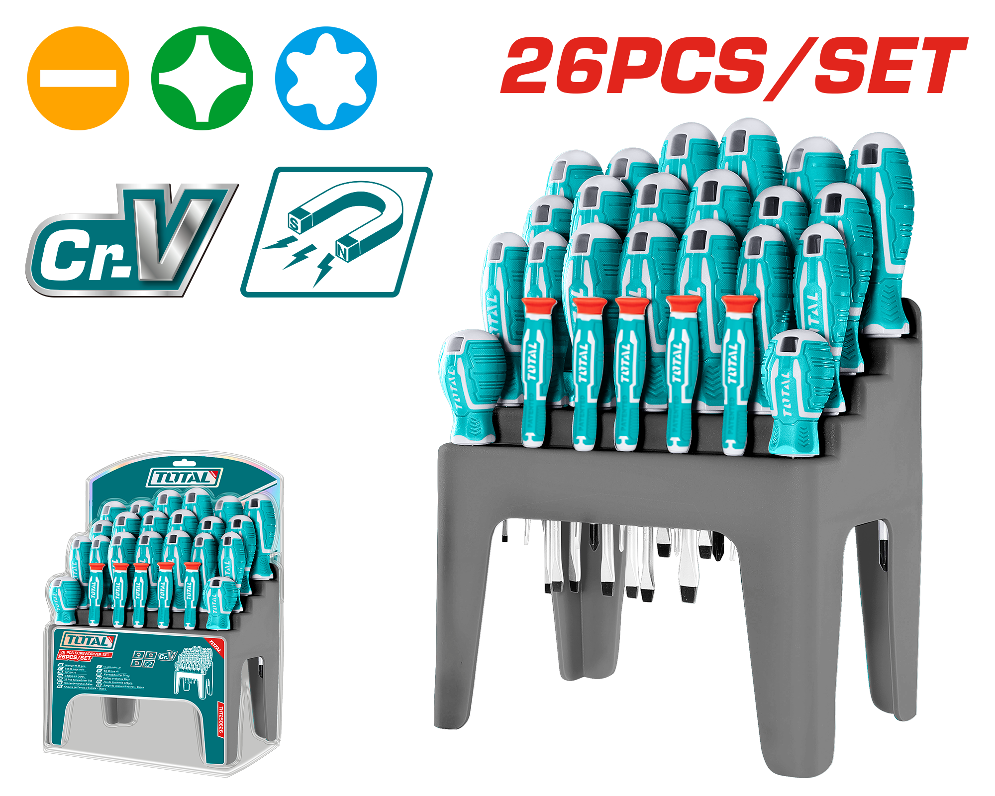 TOTAL 26pcs Screwdriver Set CR-V, Slotted, Phillips, Precision