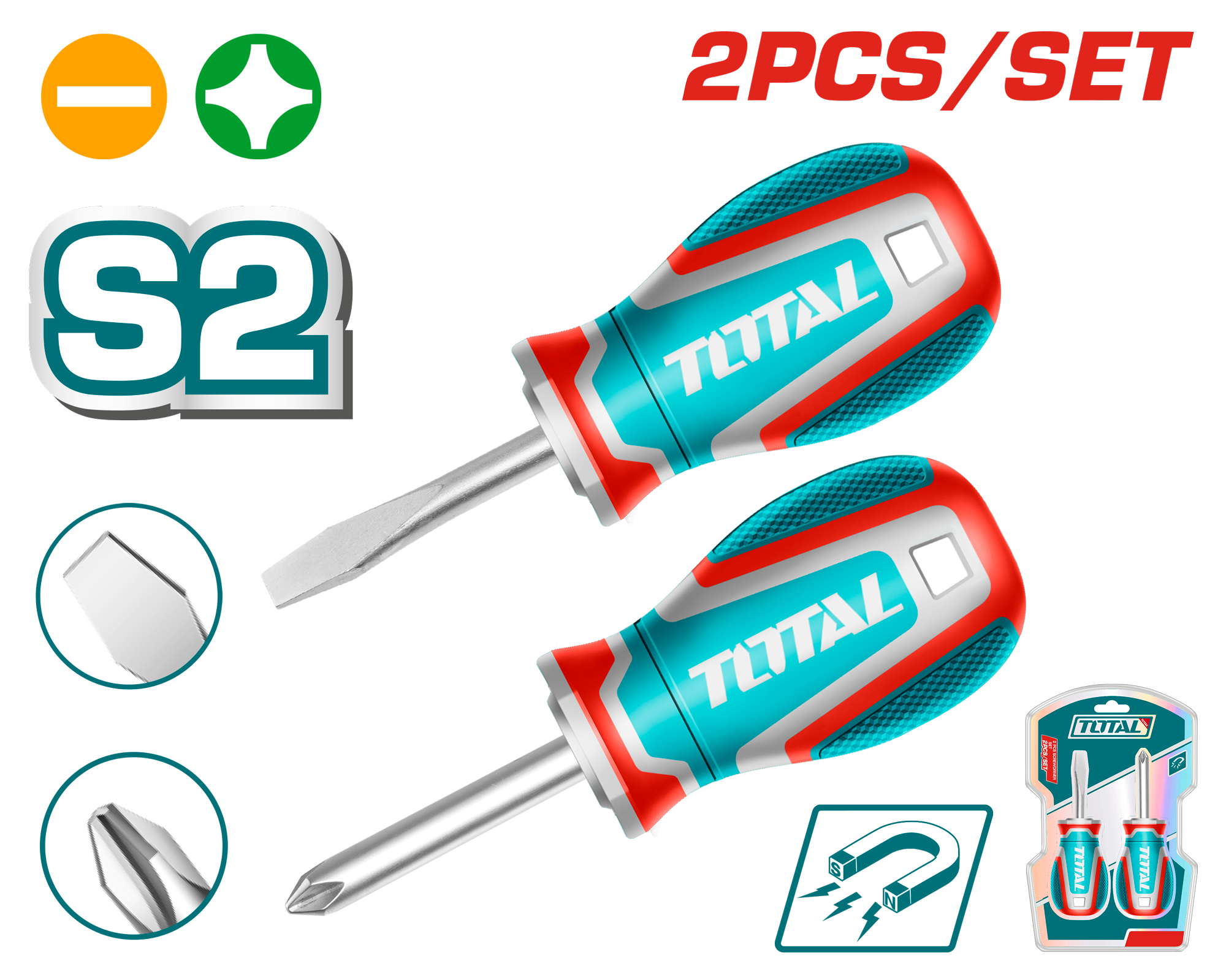 TOTAL 2pcs Stubby Screwdriver Set – S2, Magnetic Tip