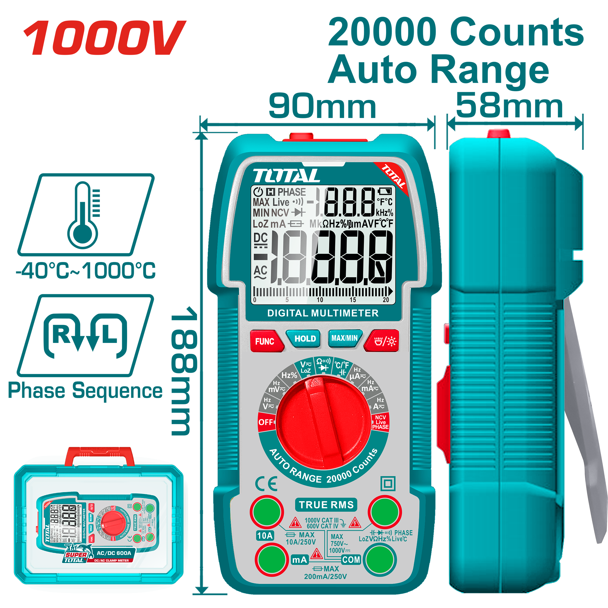 TOTAL 1000V TRMS Multimeter Auto-Range, 20000 Counts & NCV