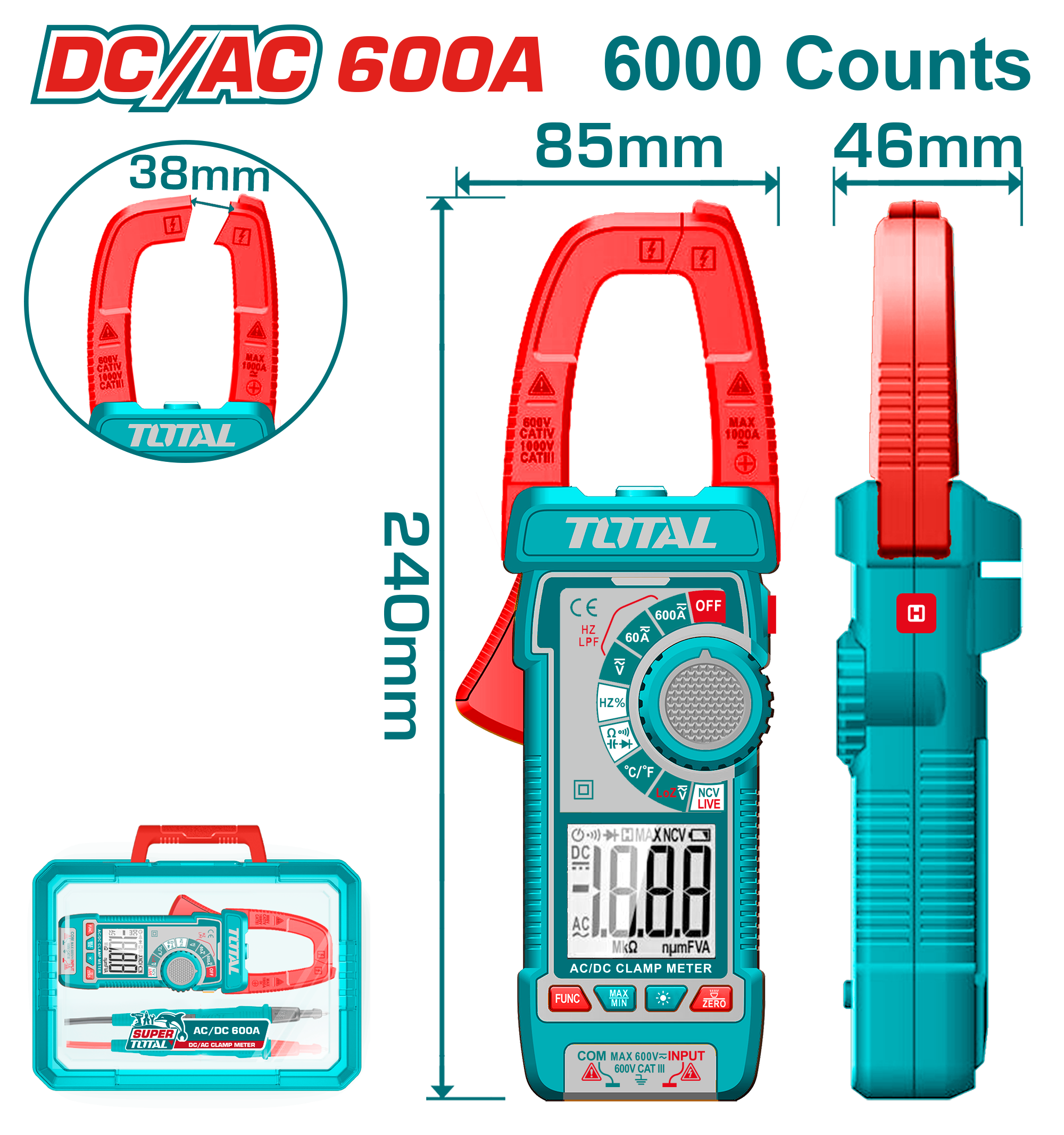 TOTAL DC/AC Clamp Meter 600A, TRMS 6000 Counts with Temperature