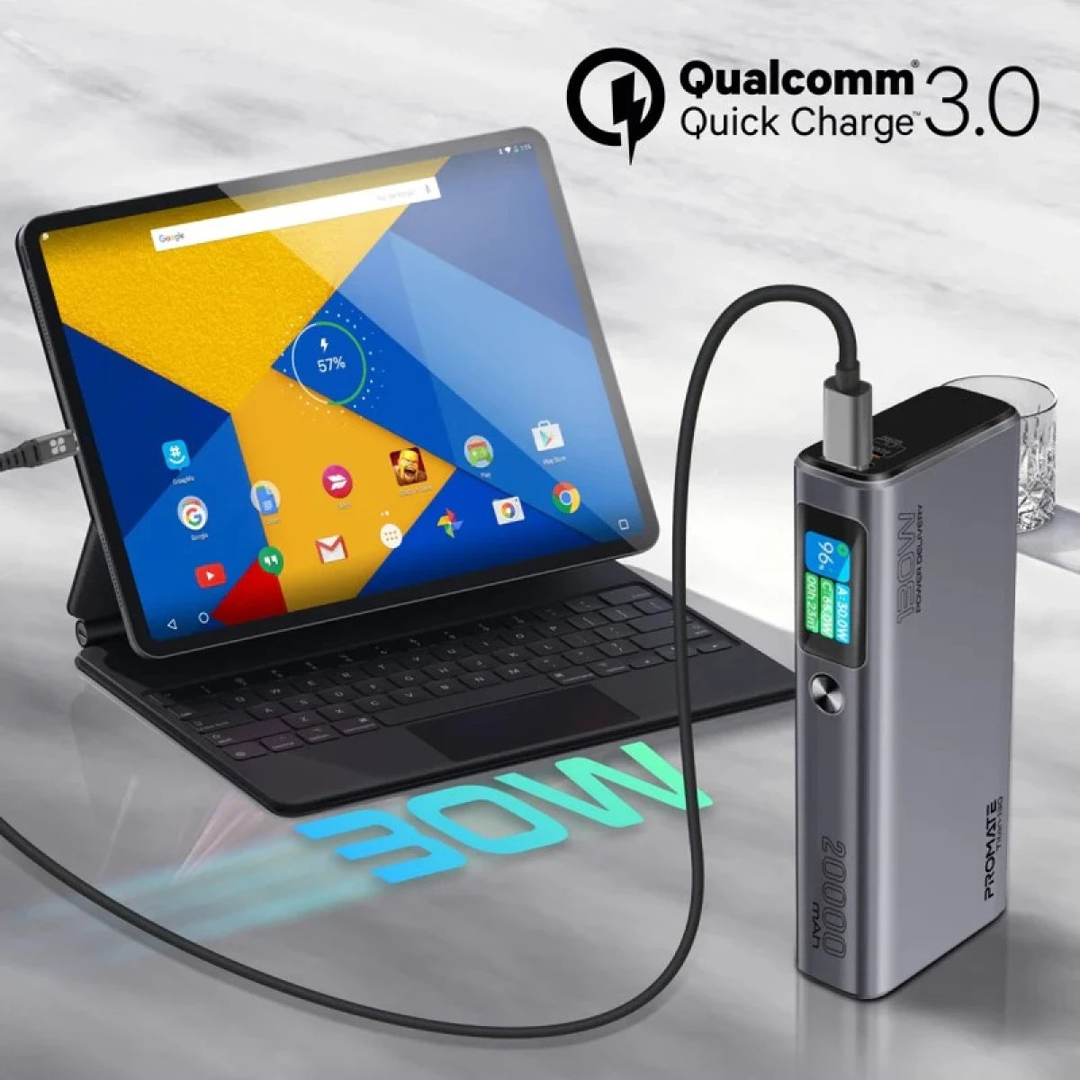 Promate Titan-130 Multi-Port Power Delivery Power Bank with TFT LCD Screen, 130W, 20000mAh