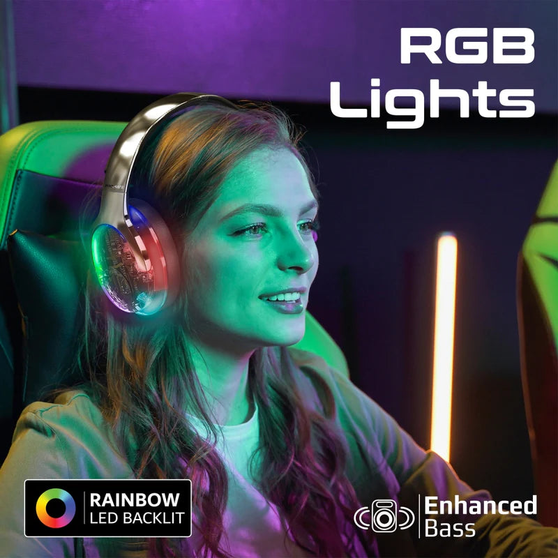 Promate TransTune Active Noise Cancelling Hi-Fi Stereo Wireless Headphones with RGB Lights - Silver