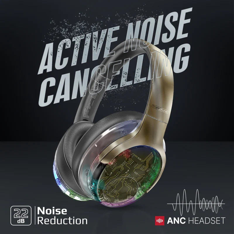 Promate TransTune Active Noise Cancelling Hi-Fi Stereo Wireless Headphones with RGB Lights - Silver