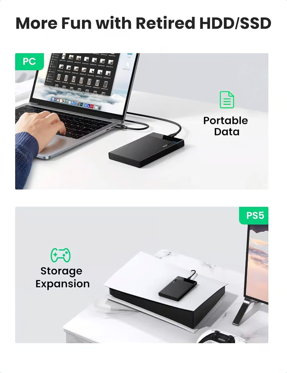 UGREEN 60735 USB 3.1 2.5″ Hard Drive Enclosure – USB-A to USB-C & USB-C to USB-C Cables