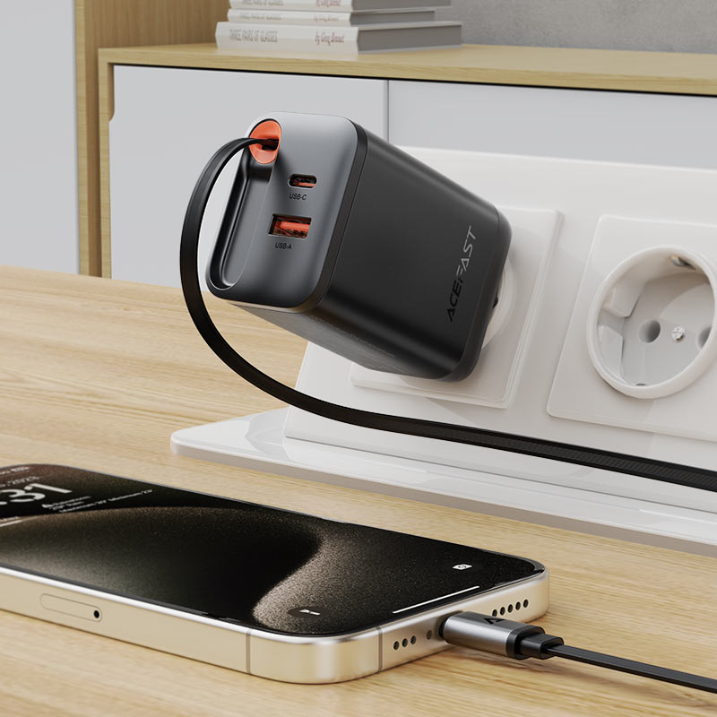 ACEFAST A111 PD67W GaN Wall Charger with Retractable USB-C Cable + USB-A (EU)