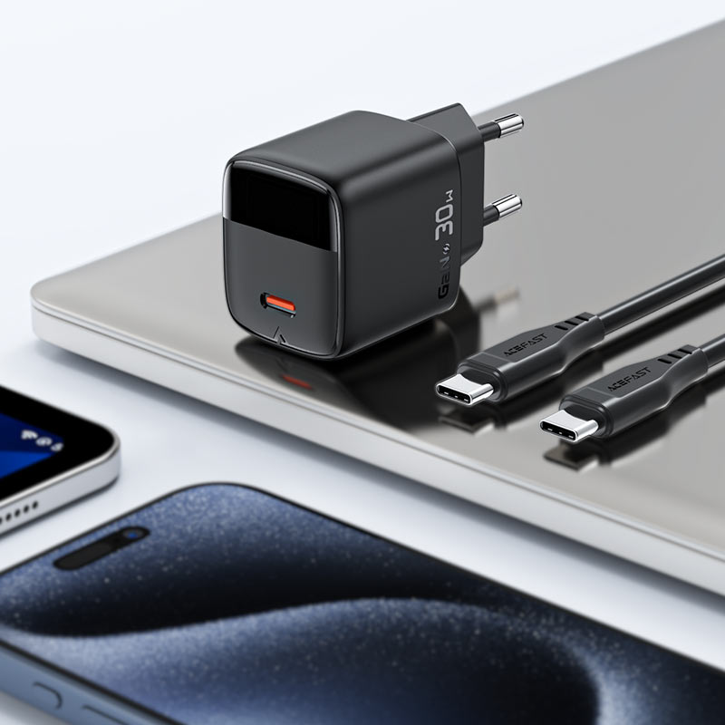 ACEFAST A115 PD30W GaN Wall Charger with LED Display & USB-C Cable (EU)
