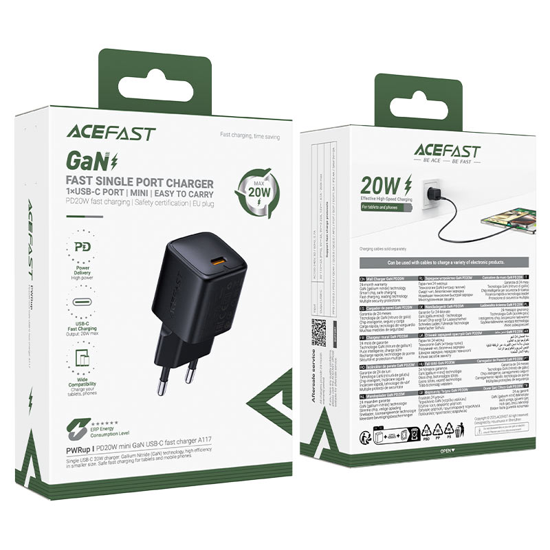 ACEFAST A117 PD20W GaN Wall Charger Single USB-C EU Plug