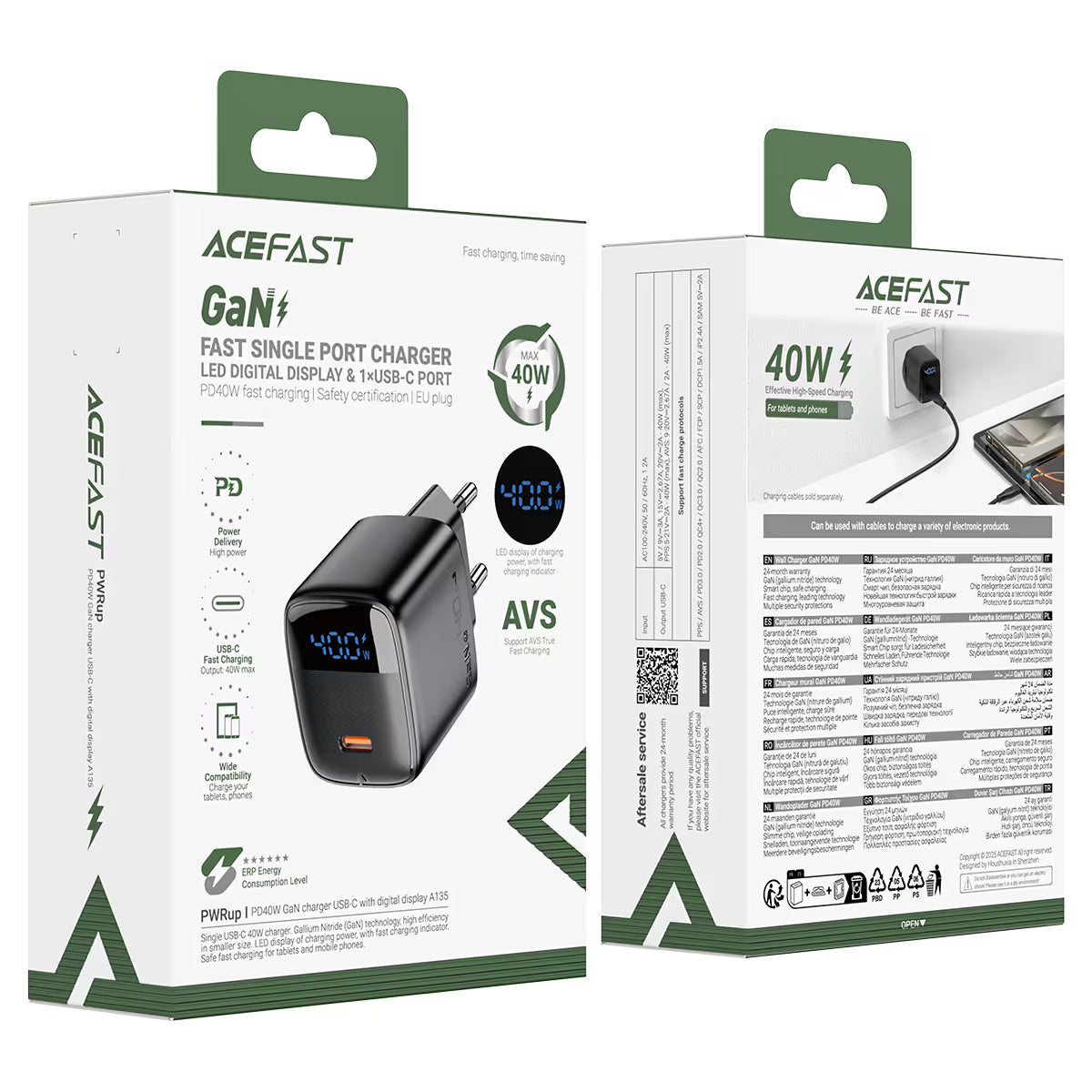 ACEFAST A135 GaN Wall Charger 40W PD – LED Display, AVS Fast Charging, EU Plug