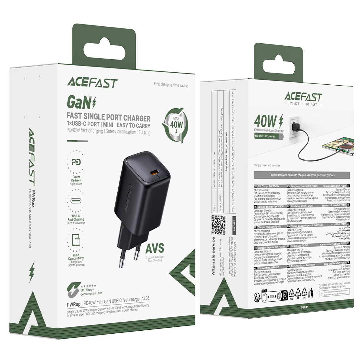 ACEFAST A136 GaN Wall Charger 40W PD – USB-C, AVS Fast Charging, EU Plug