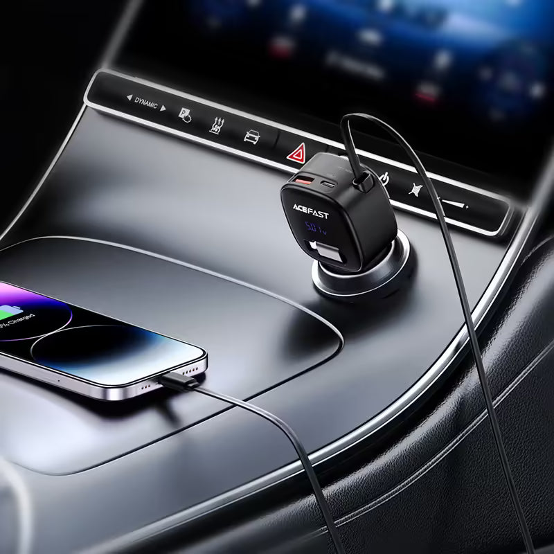 ACEFAST B17 95W Fast Car Charger with Retractable USB-C Cable (2×USB-C + USB-A)