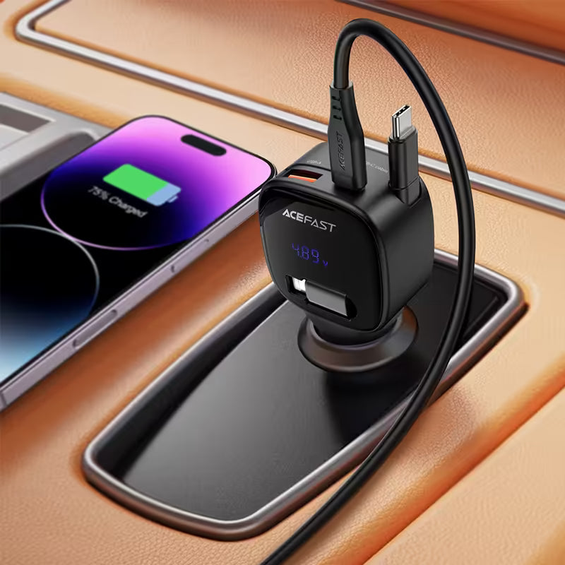 ACEFAST B17 95W Fast Car Charger with Retractable USB-C Cable (2×USB-C + USB-A)