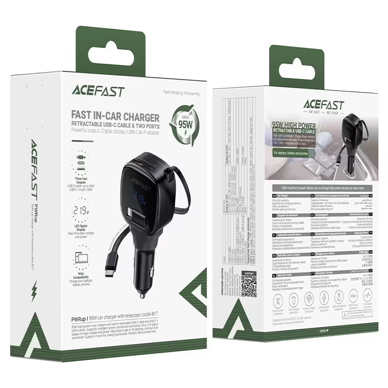 ACEFAST B17 95W Fast Car Charger with Retractable USB-C Cable (2×USB-C + USB-A)