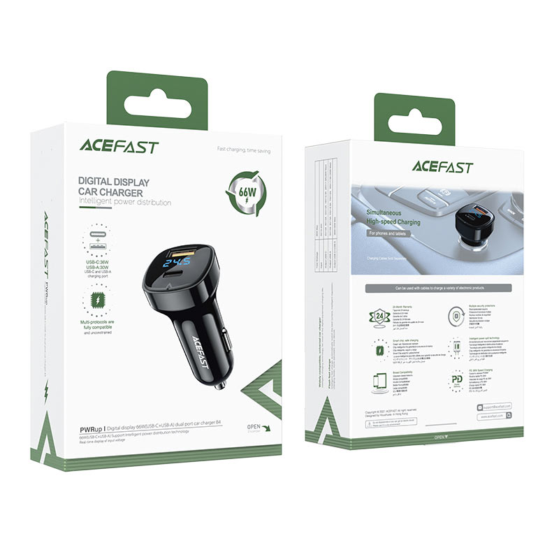 ACEFAST B4 66W Car Charger USB-C 36W + USB-A 30W with LED Display