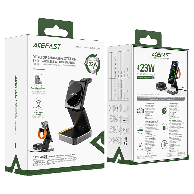 ACEFAST E20 3-in-1 Wireless Charging Station – Phone, Watch & Earbuds, 15W MAG-Charge