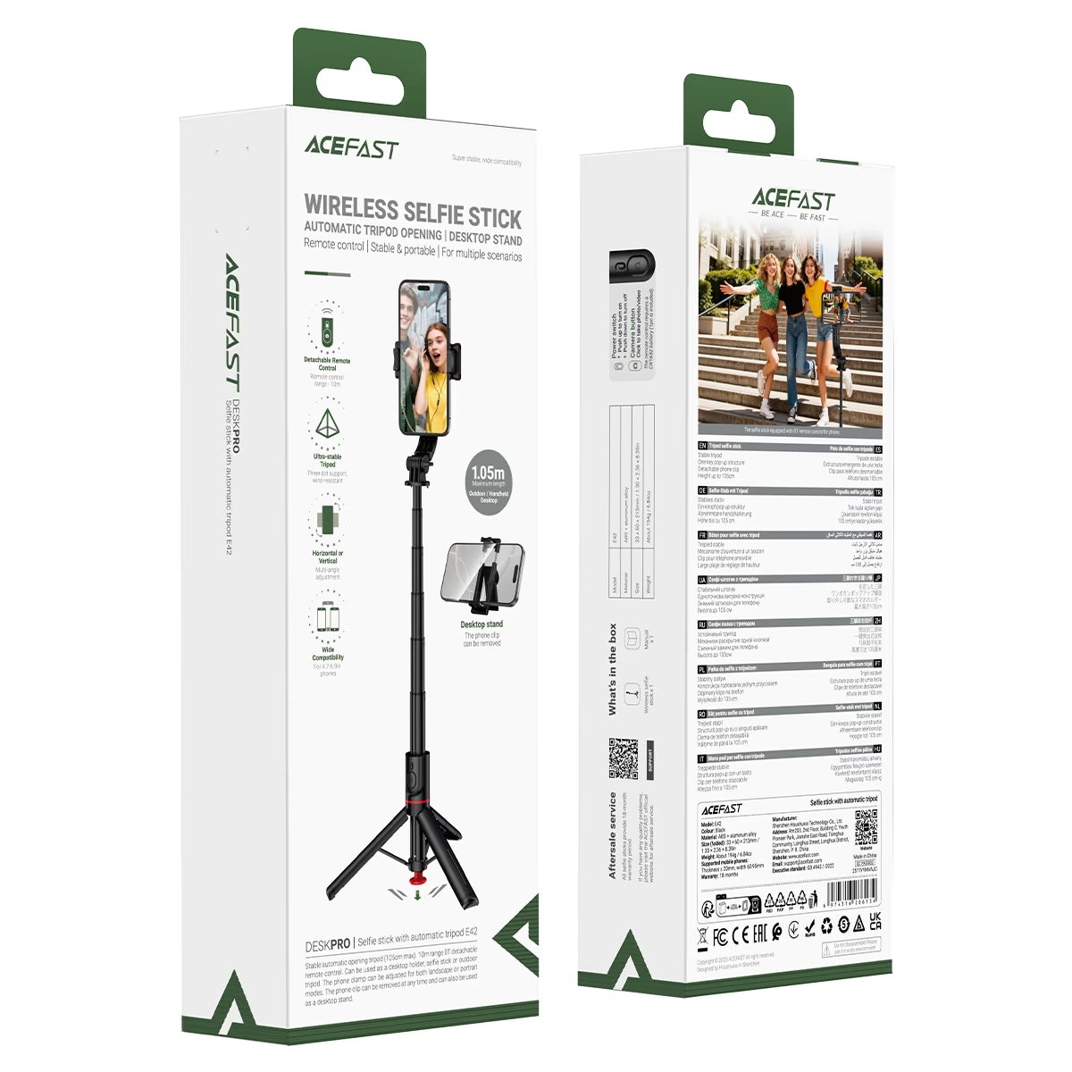 ACEFAST E42 Selfie Stick with Auto-Deploy Tripod & Bluetooth Remote Control 1.05m