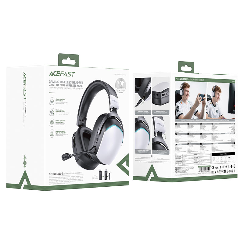 ACEFAST H11 Wireless Gaming Headset – 50mm Drivers | 2.4G + BT 5.4 + AUX | 0.02s Latency | RGB | 70H Battery