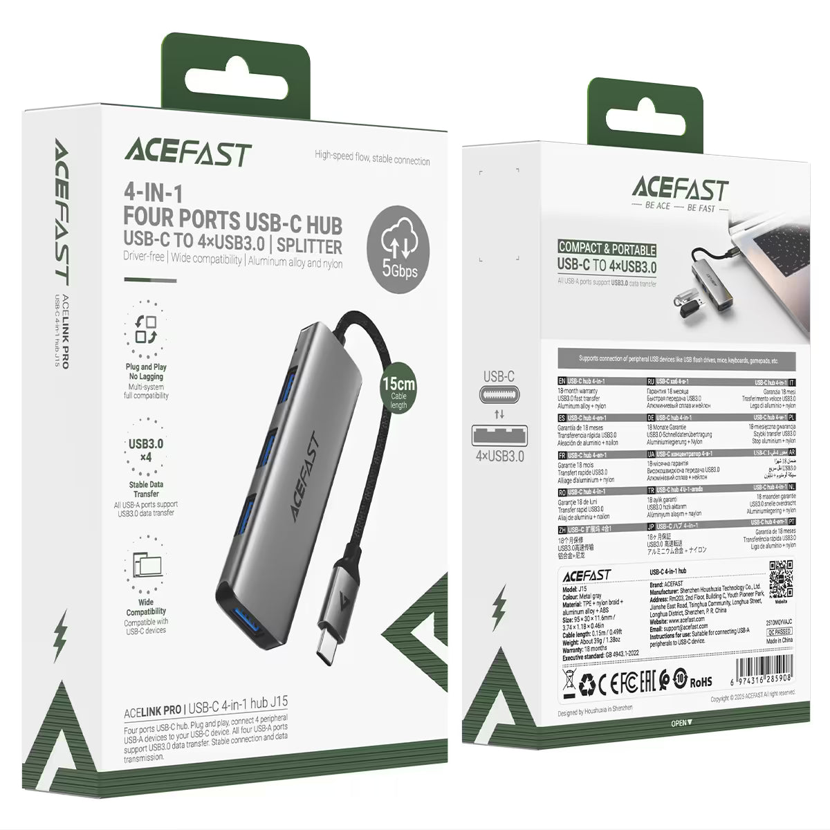 ACEFAST J15 USB-C Hub 4-in-1 – 4 × USB3.0 Ports, 5Gbps, Aluminum Alloy