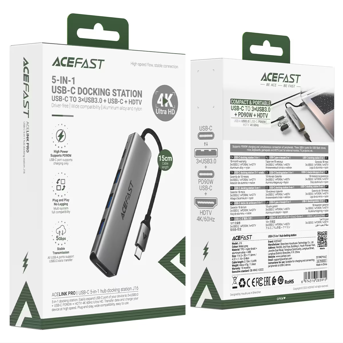 ACEFAST J16 USB-C Docking Station 5-in-1 – 4K 60Hz, 90W PD, 5Gbps