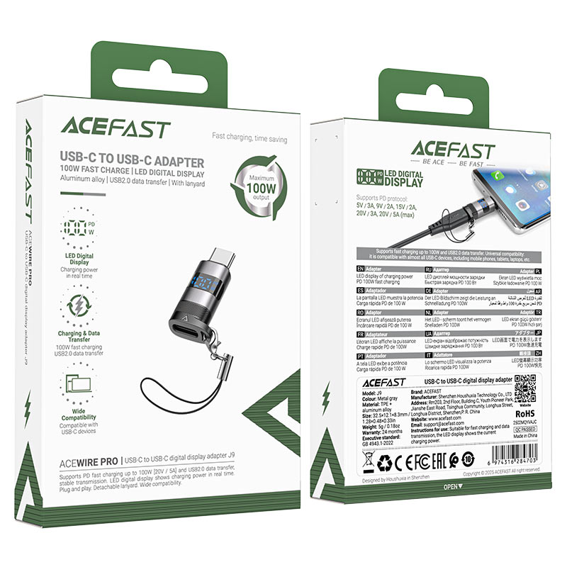 ACEFAST J9 USB-C to USB-C Adapter – 100W Charging, Digital Display, Plug & Play