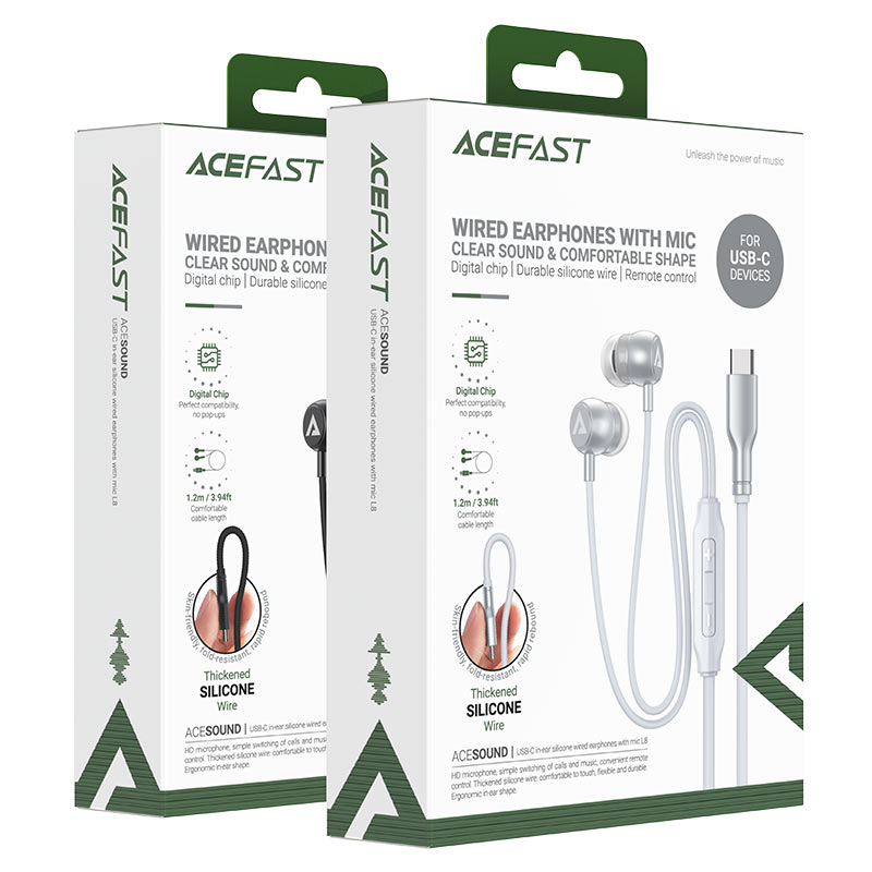 ACEFAST L8 USB-C Wired Earphones with Mic – Digital Chip | HD Mic | 3-Button Remote | Thickened Silicone Cable
