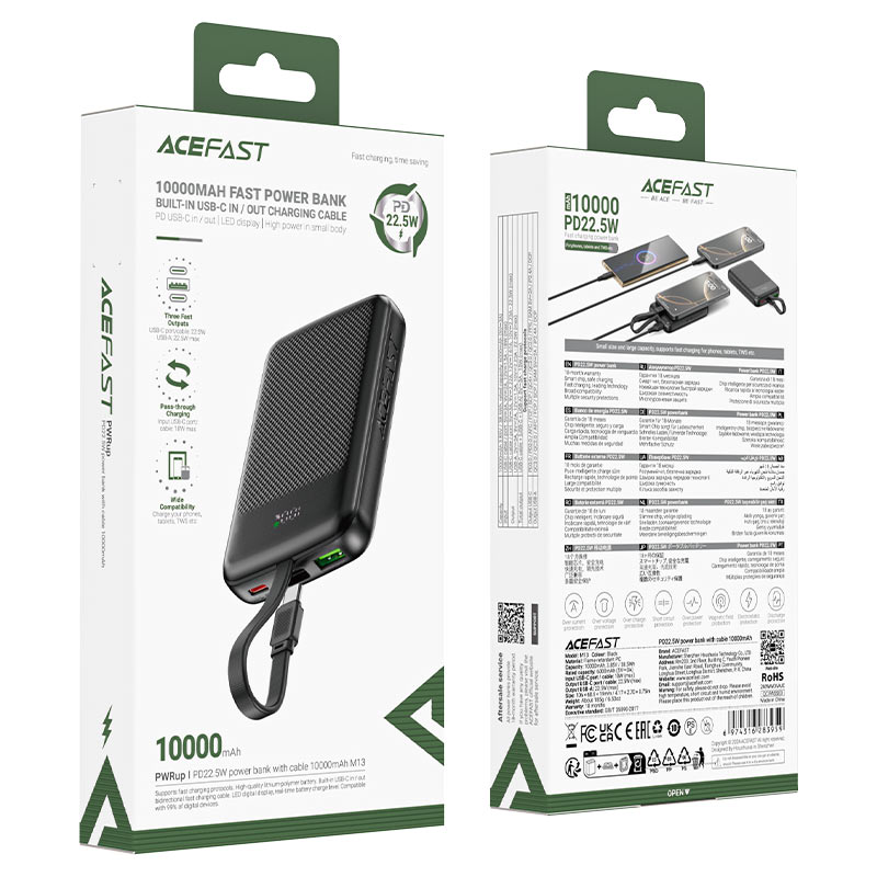 ACEFAST M13 Power Bank 10000mAh – PD 22.5W Fast Charge | Built-In USB-C Cable | USB-A | LED Display | Slim Design